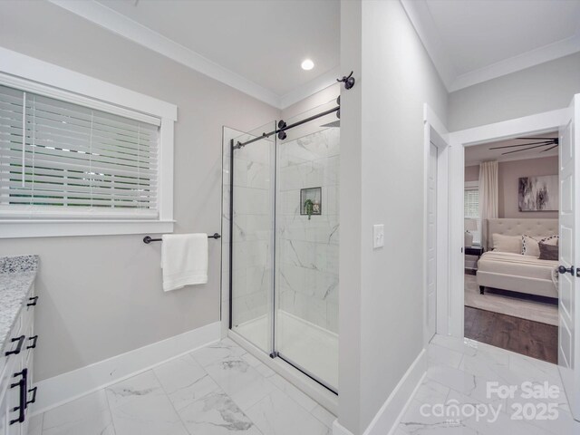 1304 Pleasant Plains Rd, Matthews, NC 28105 - bathroom featuring connected bathroom, baseboards, marble look tile flooring, crown molding, and a marble finish shower