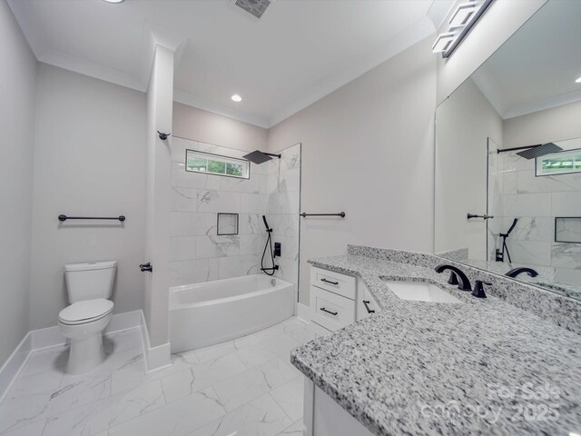 1304 Pleasant Plains Rd, Matthews, NC 28105 - bathroom with toilet, baseboards, ornamental molding, vanity, and shower / bathtub combination