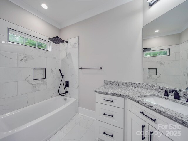 1304 Pleasant Plains Rd, Matthews, NC 28105 - bathroom with vanity, marble finish flooring, shower / bath combination, recessed lighting, and baseboards