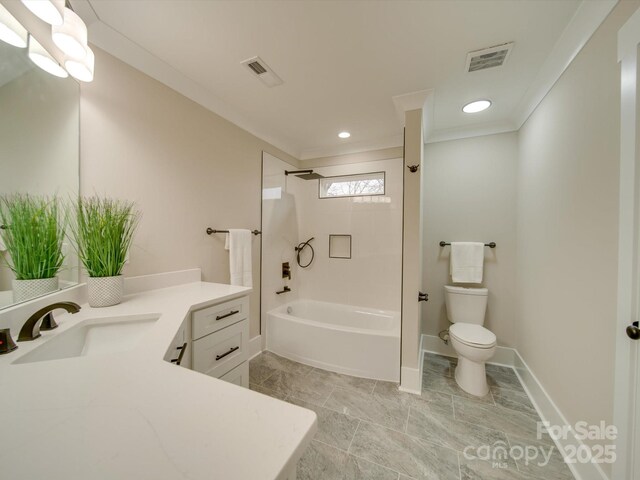 1304 Pleasant Plains Rd, Matthews, NC 28105 - bathroom featuring toilet, baseboards, vanity, tub / shower combination, and ornamental molding