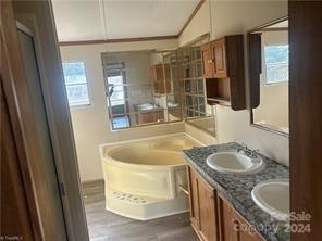 bathroom featuring wood-type flooring, vanity, and a tub to relax in