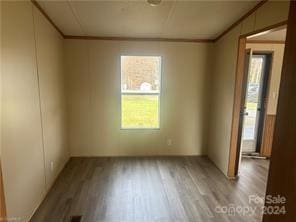 unfurnished room featuring wood-type flooring and crown molding