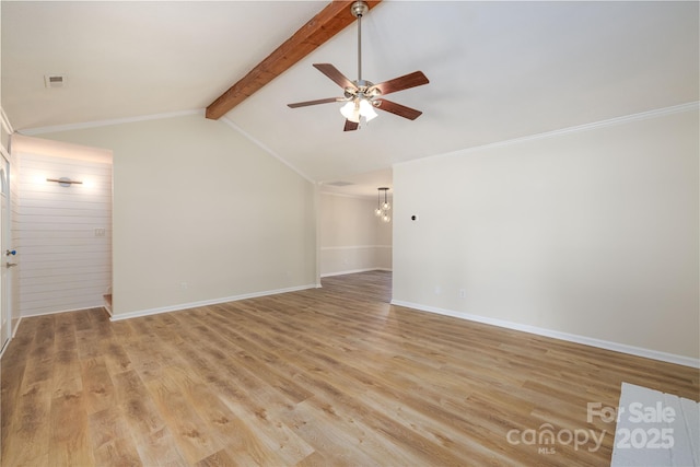 unfurnished room featuring ceiling fan with notable chandelier, light hardwood / wood-style flooring, and lofted ceiling with beams