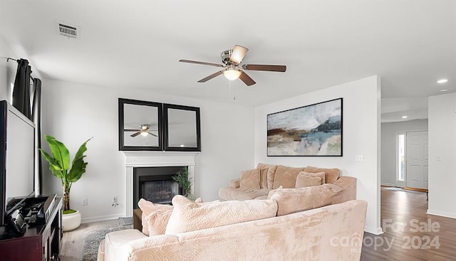 living room with wood-type flooring and ceiling fan