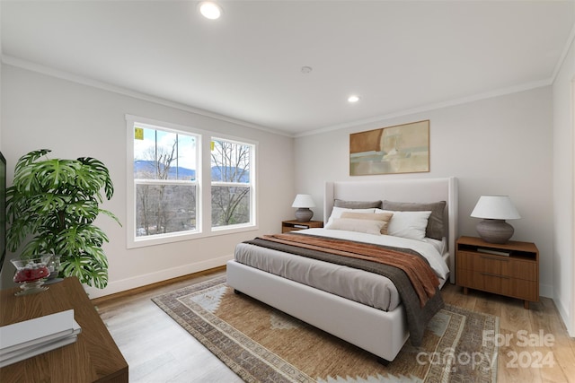 bedroom with crown molding and hardwood / wood-style floors