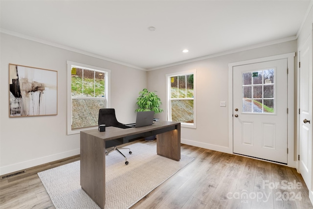 office area featuring light wood-type flooring, crown molding, and a wealth of natural light