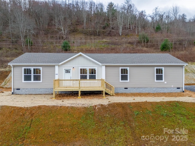 view of front of property with crawl space, a wooden deck, and a shingled roof