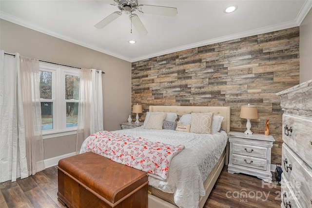 bedroom with ceiling fan, dark hardwood / wood-style floors, and ornamental molding