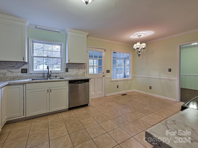 kitchen with white cabinets, sink, crown molding, stainless steel dishwasher, and decorative backsplash