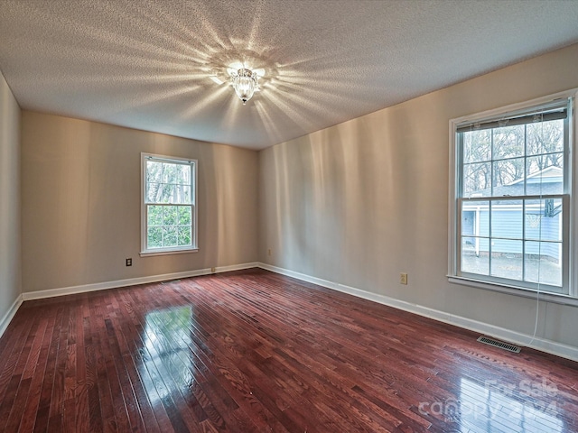 empty room with a textured ceiling, plenty of natural light, and dark hardwood / wood-style floors