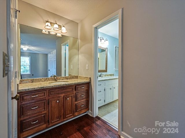 bathroom featuring vanity, wood-type flooring, a textured ceiling, and vaulted ceiling