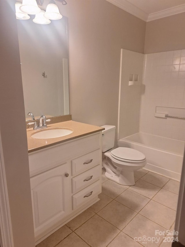 full bathroom with tile patterned flooring, crown molding, toilet, shower / tub combination, and vanity