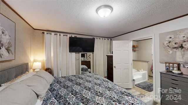 bedroom featuring a textured ceiling, tile patterned floors, and ornamental molding