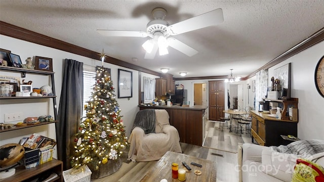 living room with crown molding, light hardwood / wood-style flooring, ceiling fan with notable chandelier, and a textured ceiling