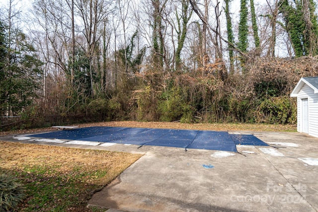 view of swimming pool with a diving board and a patio area