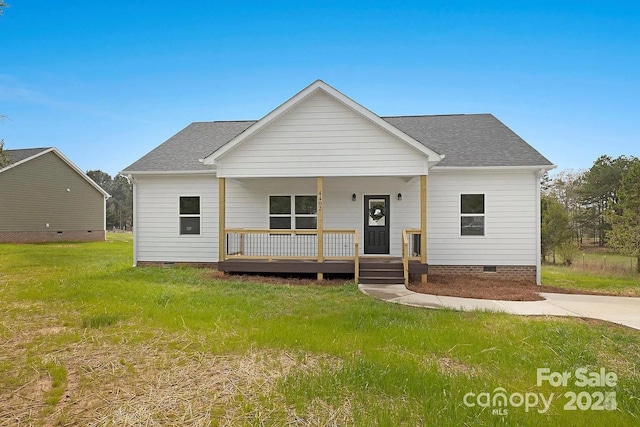 bungalow-style home featuring crawl space, covered porch, a front lawn, and roof with shingles