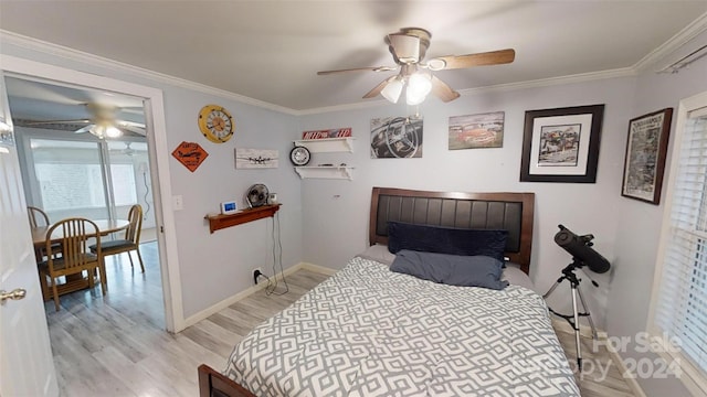 bedroom with ceiling fan, ornamental molding, and light wood-type flooring