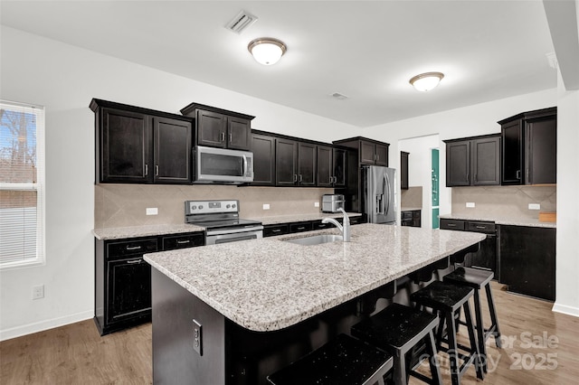 kitchen with stainless steel appliances, a breakfast bar, sink, and a center island with sink