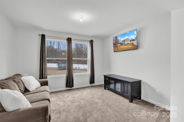 living area featuring light carpet