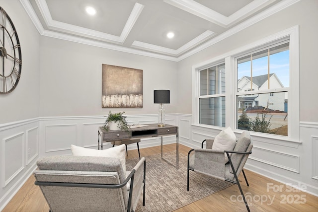 office featuring beamed ceiling, crown molding, coffered ceiling, and light wood-type flooring