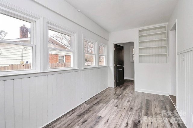 interior space featuring wood walls, hardwood / wood-style floors, and plenty of natural light