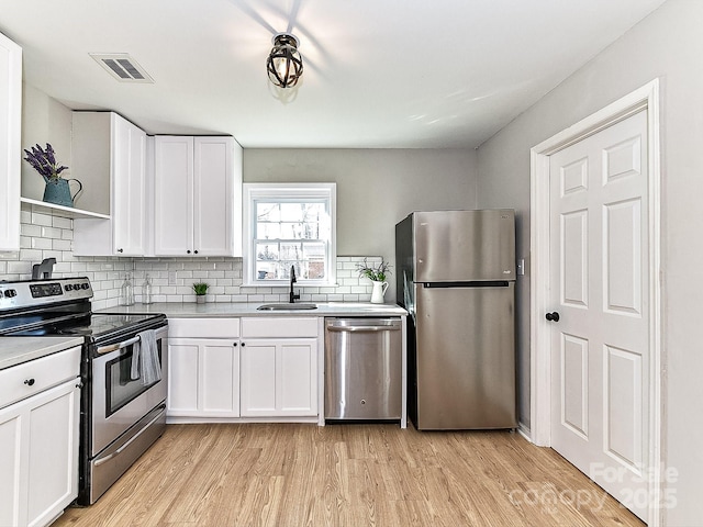 kitchen featuring stainless steel appliances, white cabinetry, sink, and light wood-type flooring