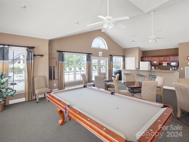 recreation room with carpet flooring, ceiling fan, high vaulted ceiling, and billiards