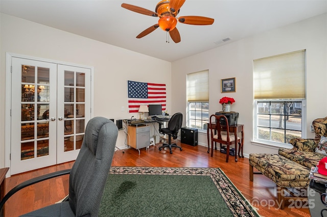 office area with french doors, ceiling fan, and hardwood / wood-style flooring