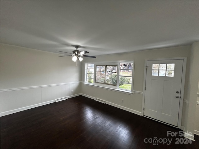 foyer entrance featuring ceiling fan, plenty of natural light, and dark hardwood / wood-style floors