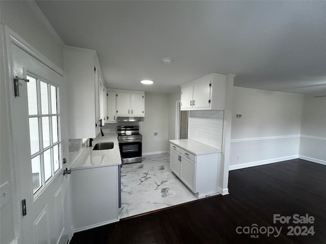 kitchen with white cabinets, tasteful backsplash, stainless steel range with electric stovetop, and sink