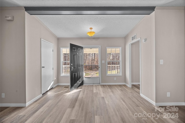 interior space with crown molding, light wood-type flooring, and a textured ceiling