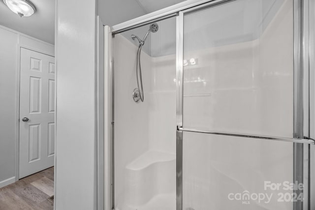 bathroom featuring wood-type flooring and walk in shower