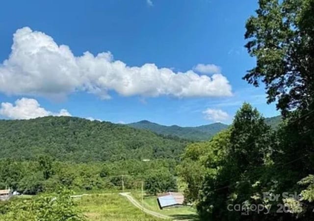 mountain view featuring a forest view