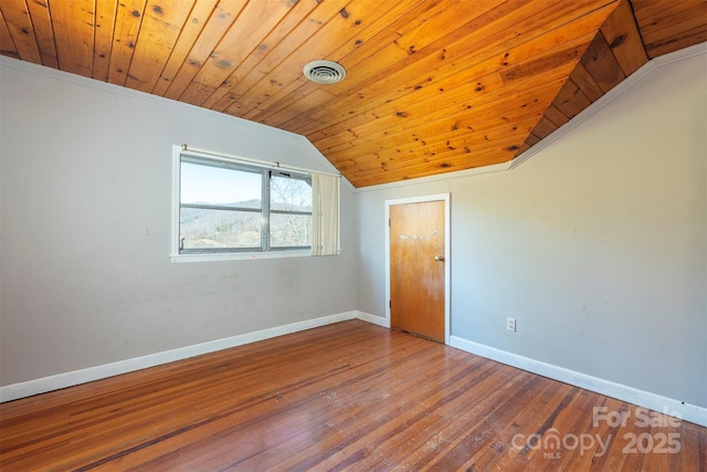 unfurnished room featuring lofted ceiling, wooden ceiling, baseboards, wood finished floors, and visible vents