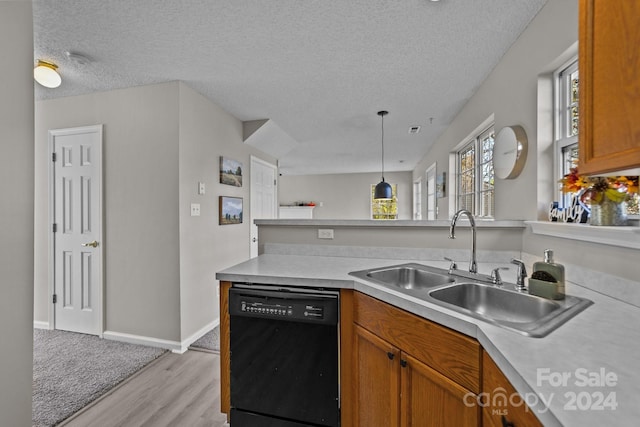 kitchen featuring pendant lighting, dishwasher, sink, a textured ceiling, and light hardwood / wood-style floors