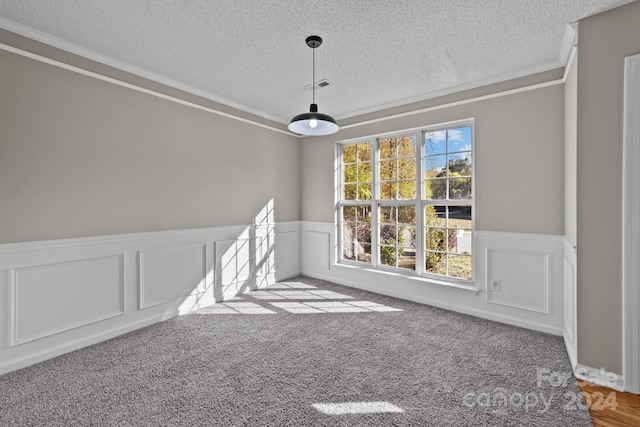 spare room featuring carpet flooring, ornamental molding, and a textured ceiling