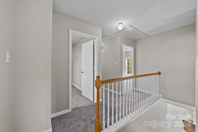 hallway featuring carpet flooring and a textured ceiling