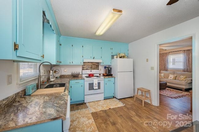 kitchen with blue cabinets, sink, a textured ceiling, dark hardwood / wood-style flooring, and white appliances