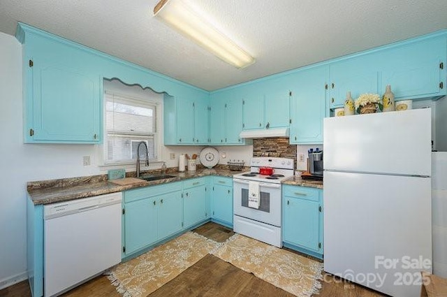 kitchen with sink, white appliances, and blue cabinets