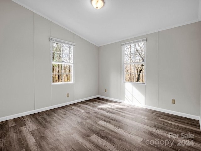 spare room with ornamental molding, dark wood-type flooring, vaulted ceiling, and a healthy amount of sunlight