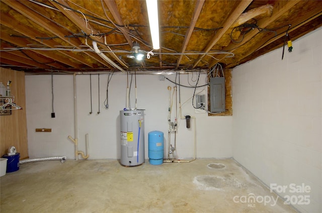 basement featuring electric water heater and electric panel