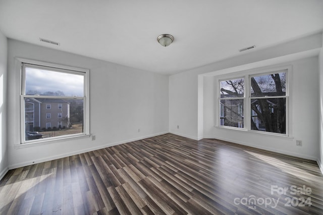 empty room with a wealth of natural light and dark hardwood / wood-style flooring