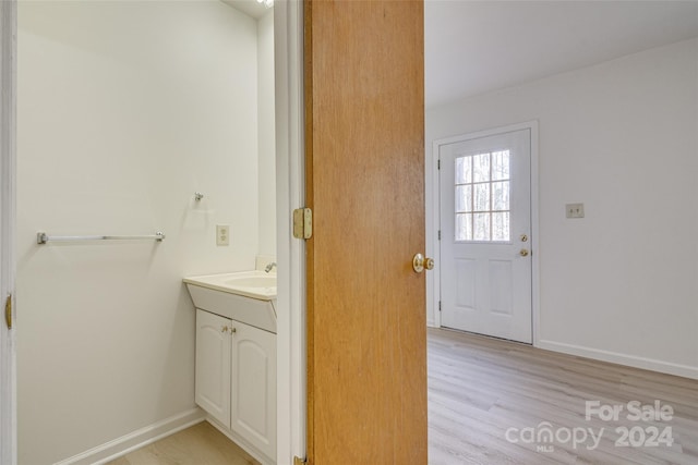 bathroom with hardwood / wood-style floors and vanity