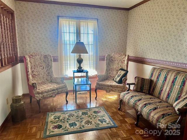 living area with parquet floors and crown molding