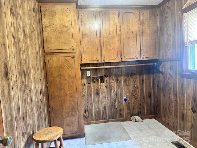 clothes washing area featuring cabinets, electric dryer hookup, and wood walls