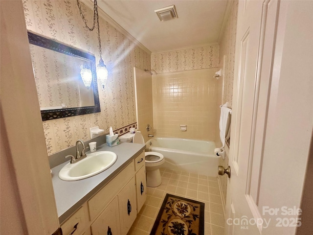 full bath with visible vents, tile patterned flooring, vanity, toilet, and wallpapered walls