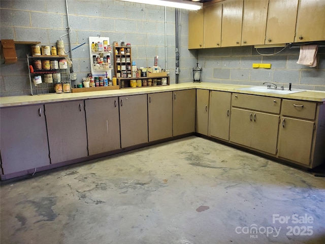 kitchen featuring concrete block wall, concrete floors, and a sink