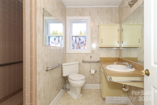 bathroom with tile patterned flooring, toilet, crown molding, and sink