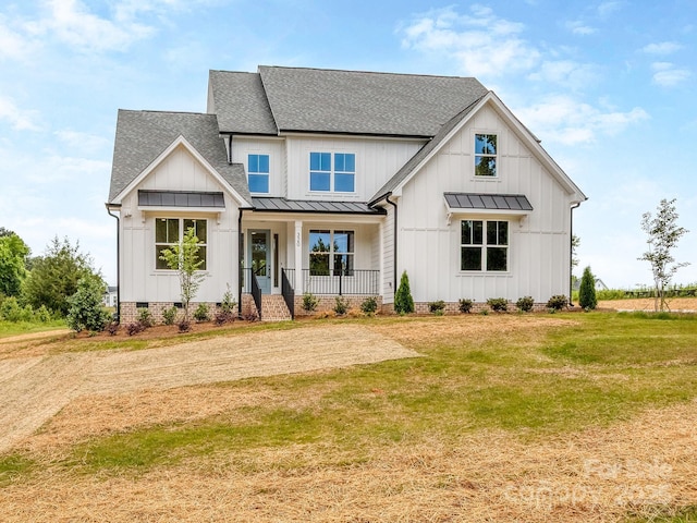 320 Triple Ponds Ct, Clover, SC 29710 - modern farmhouse with a standing seam roof, a porch, roof with shingles, and board and batten siding