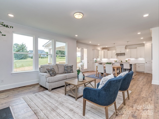 320 Triple Ponds Ct, Clover, SC 29710 - living area with crown molding, baseboards, light wood-style flooring, and recessed lighting